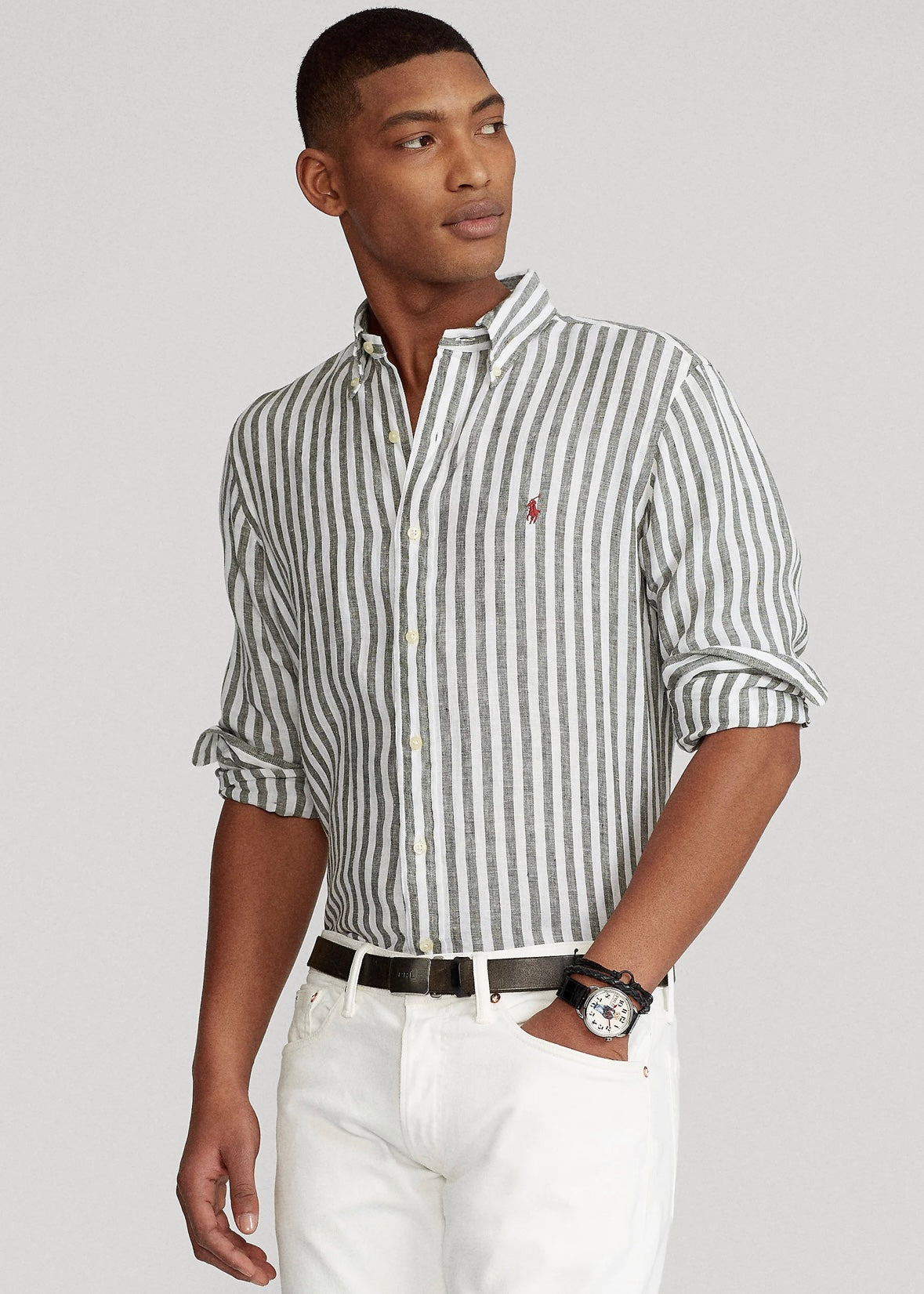 Polo Ralph Lauren Linen shirt custom fit - Olive/White Stripe