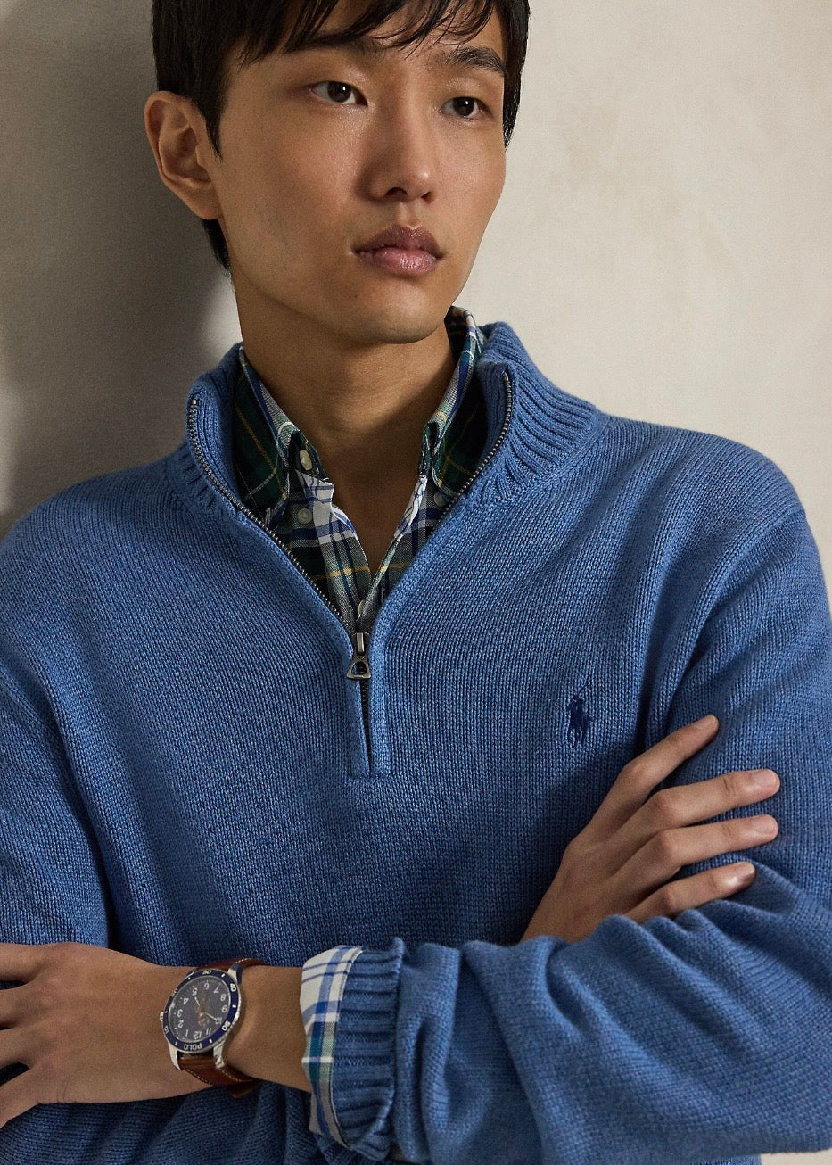 Cotton Quarter Zip Blue Borage
