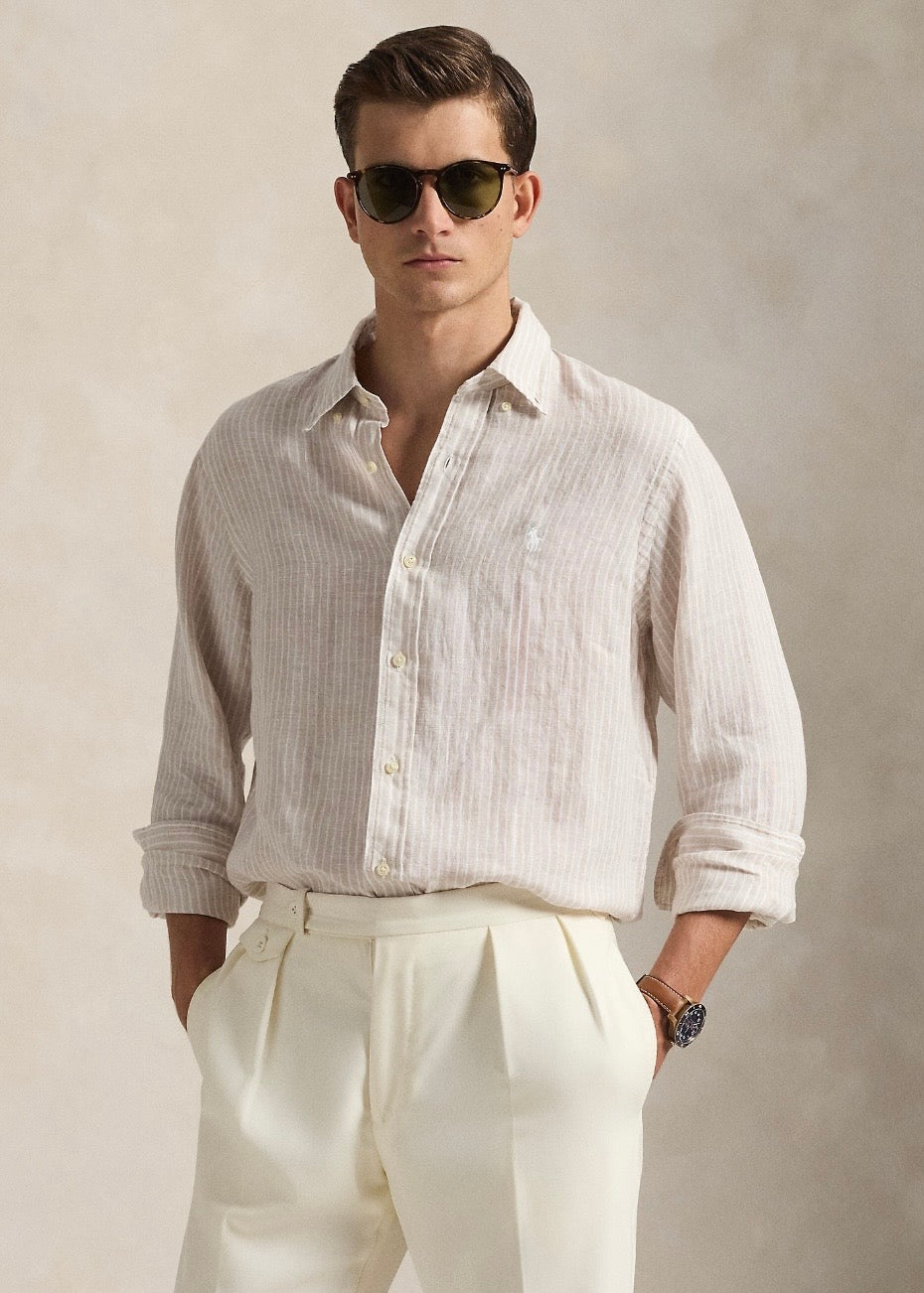 Custom Fit Striped Linen Shirt Coastal Beige