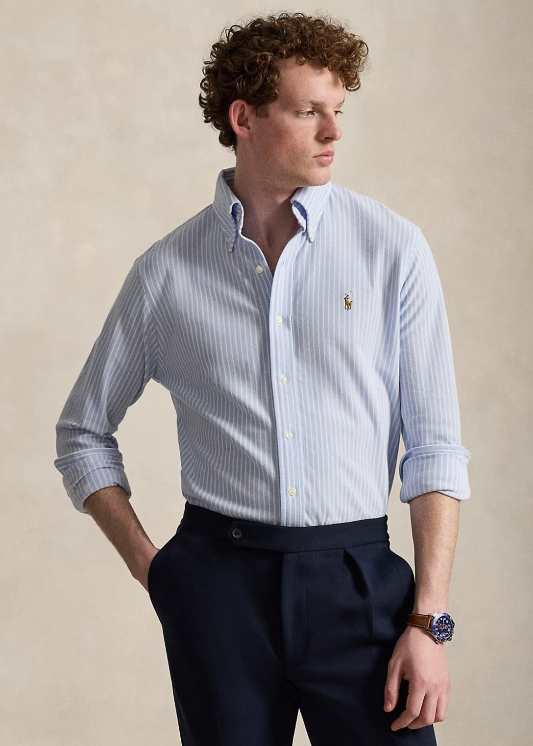 Striped Knit Oxford Shirt Dress Blue
