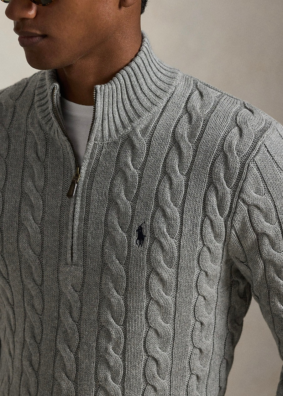 Cable Knit Cotton Quarter Zip Fawn Grey