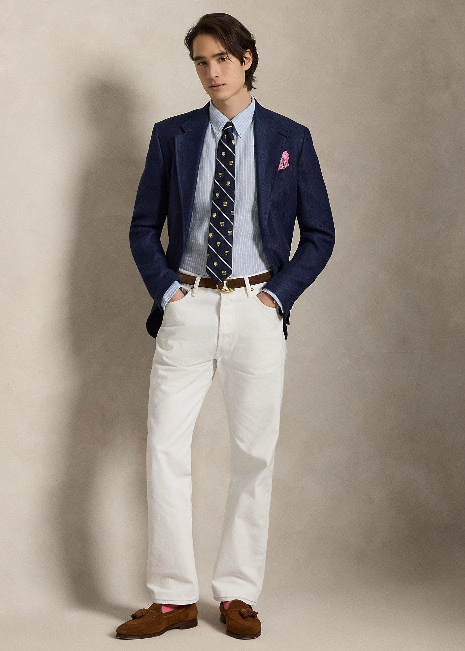 Custom Fit Striped Linen Shirt Blue