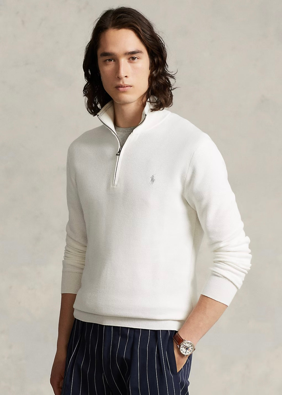 Mesh Knit Quarter Zip Deckwash White