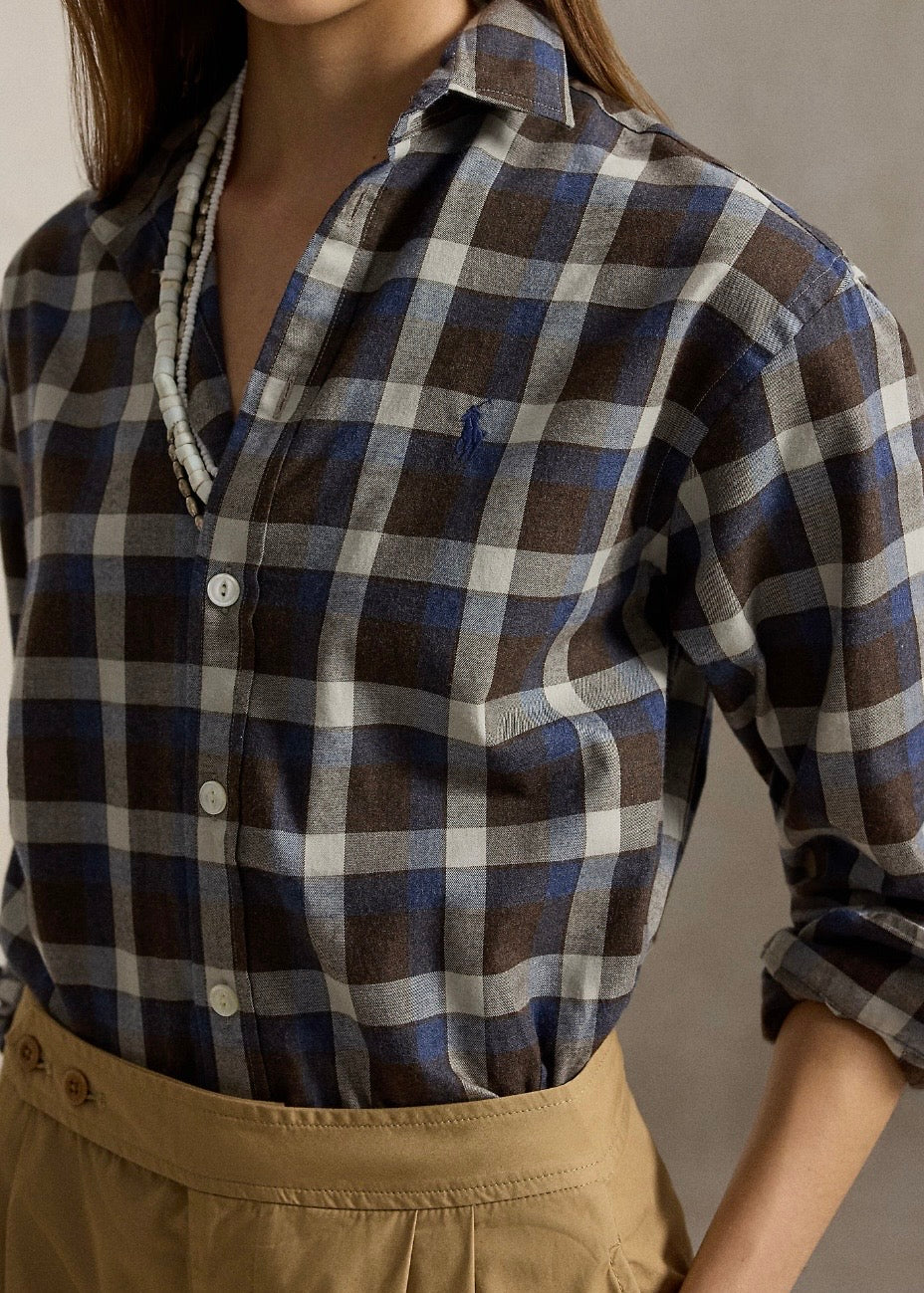 Relaxed Fit Plaid Cotton Twill Shirt Brown