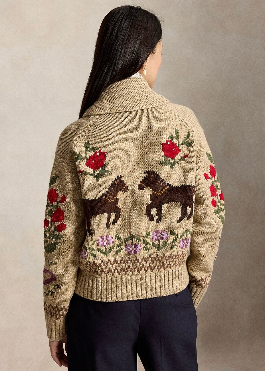 Intarsa Knit Shawl Cardigan Tan Multi