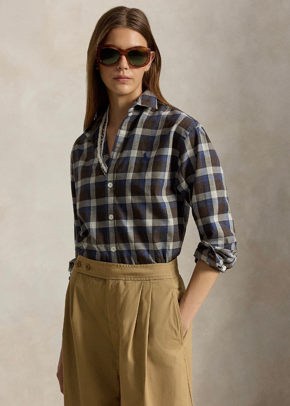 Relaxed Fit Plaid Cotton Twill Shirt Brown