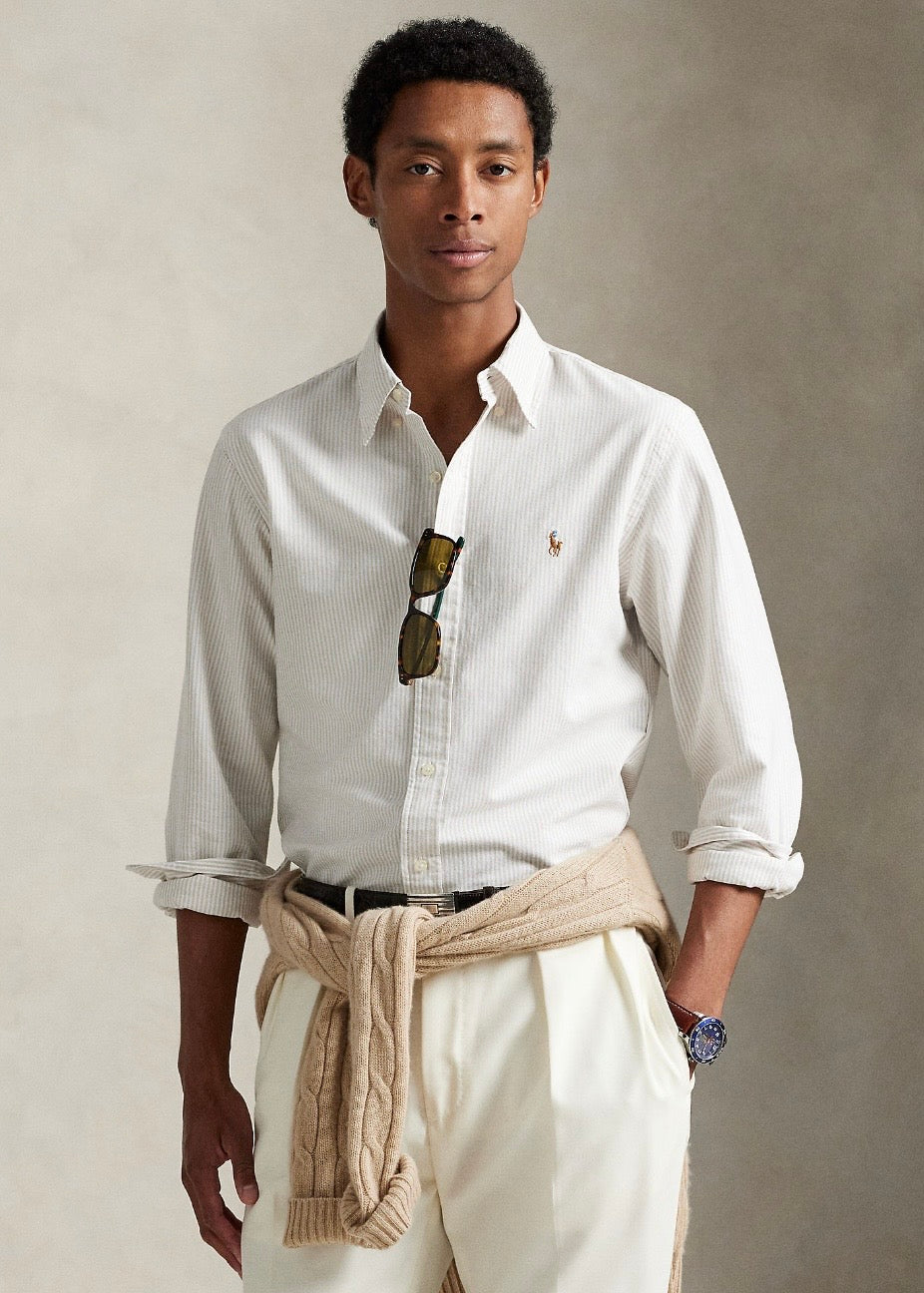Slim Fit Striped Oxford shirt Coastal Beige/White
