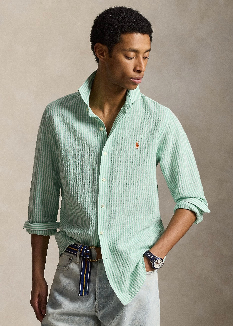 Custom Fit Striped Seersucker Shirt Green