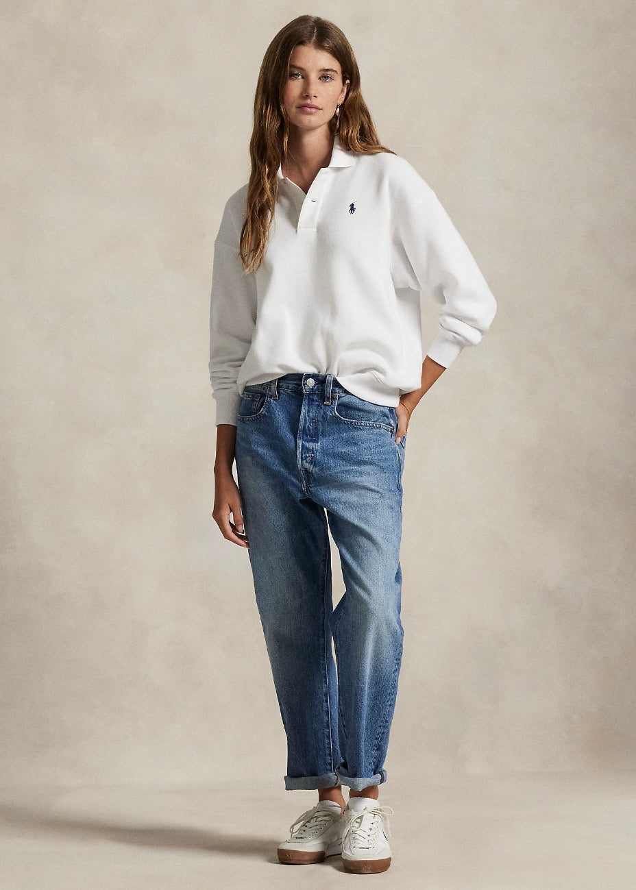 Polo Collar Fleece Pullover White