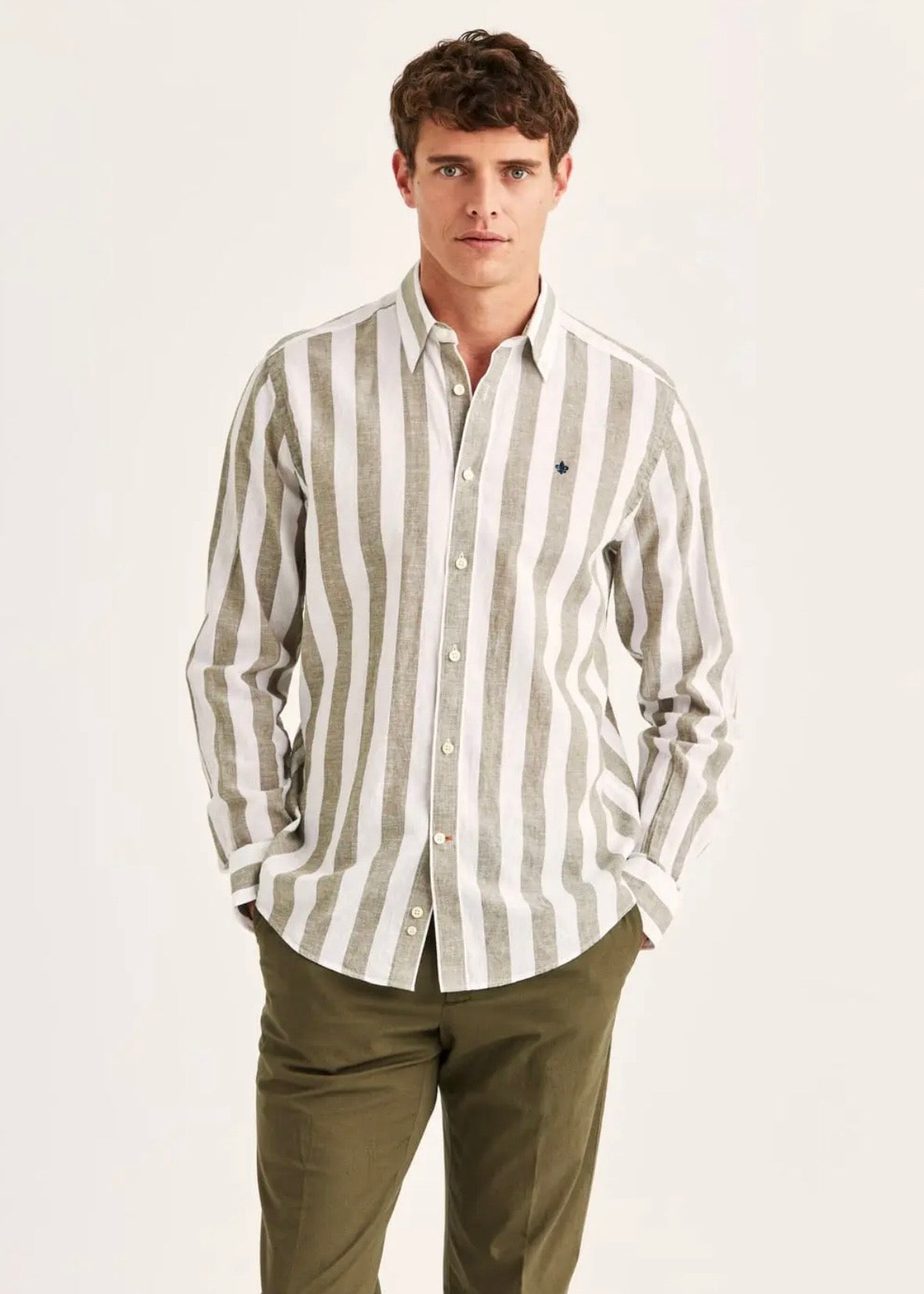 Douglas Linen Mix Stripe Shirt Olive