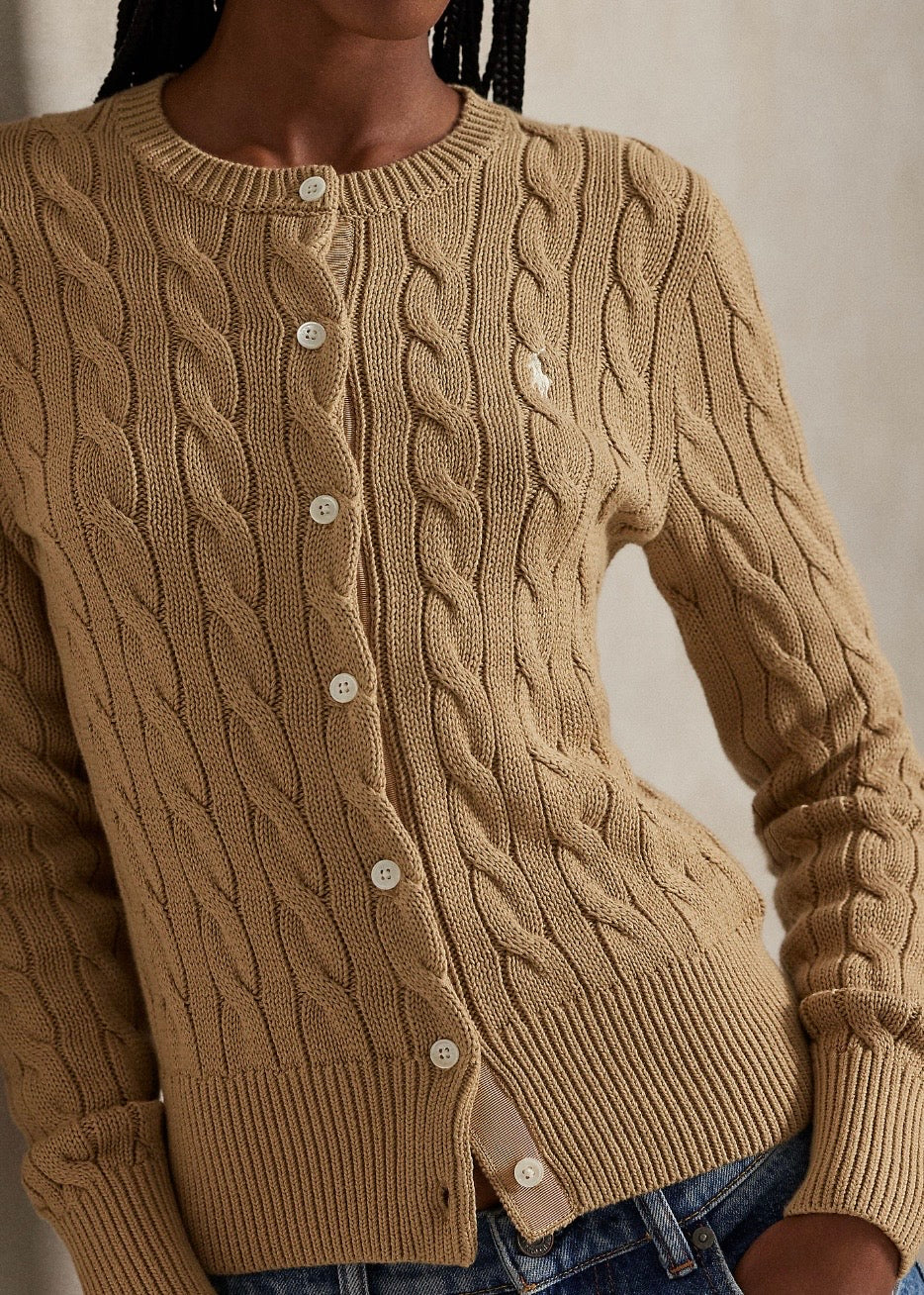 Cable Knit Cotton Cardigan Vintage Khaki