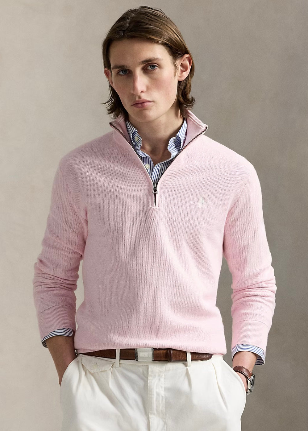 Mesh Knit Quarter Zip Ballet Pink