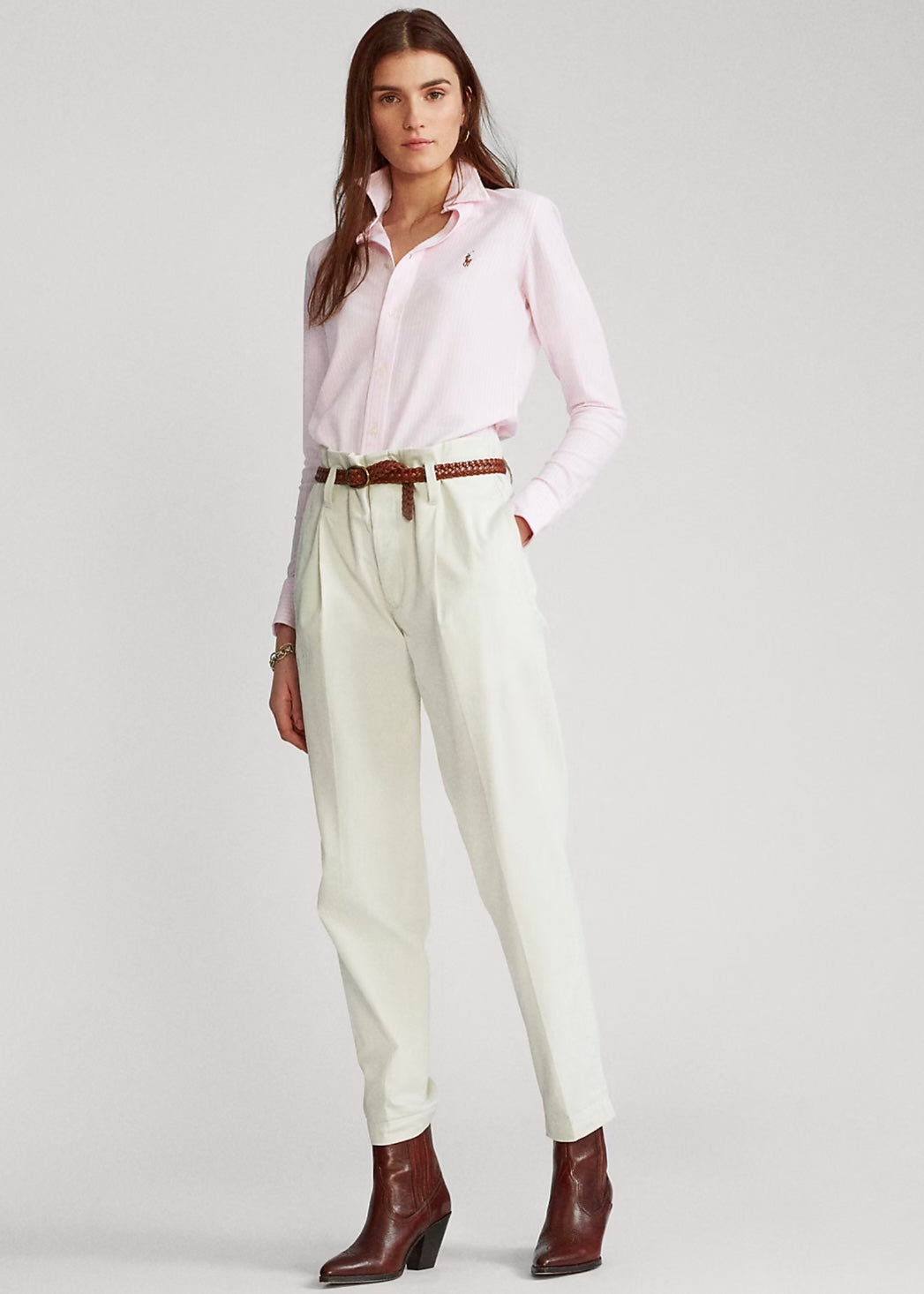 Slim Fit Knit Oxford Shirt Carmel Pink/White