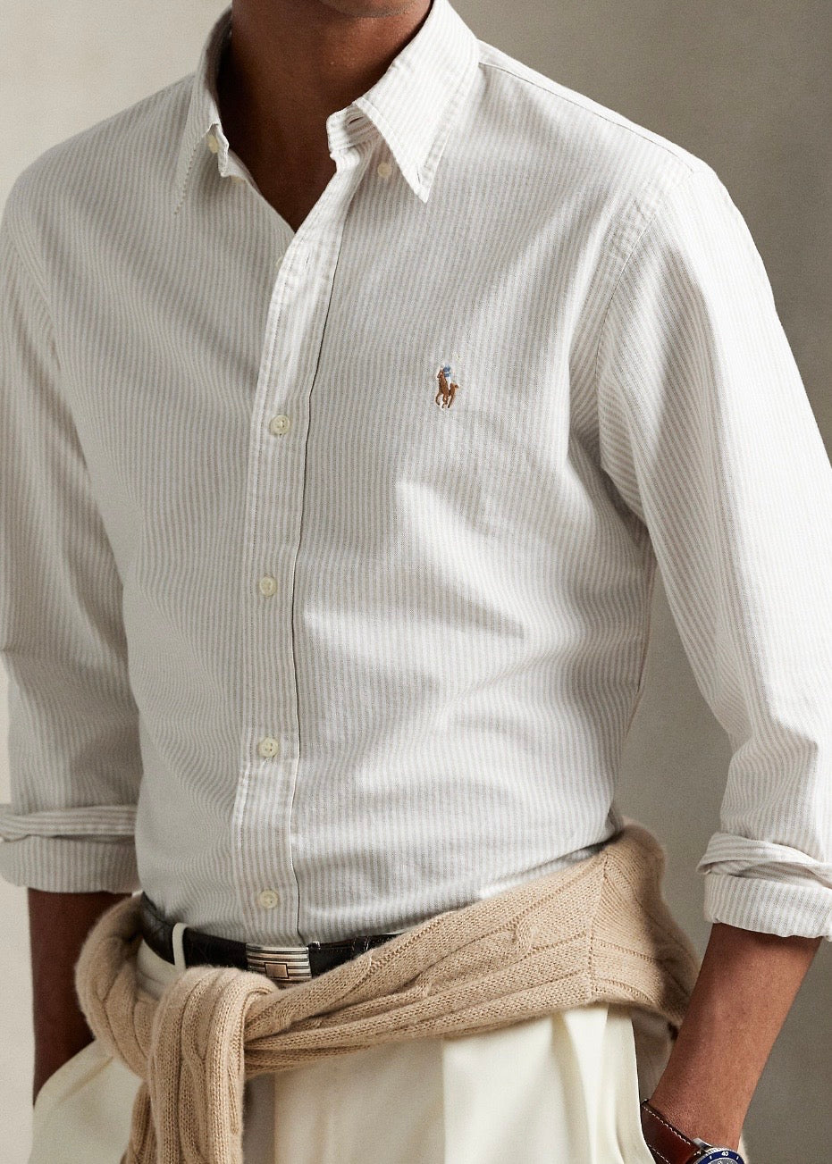 Slim Fit Striped Oxford shirt Coastal Beige/White