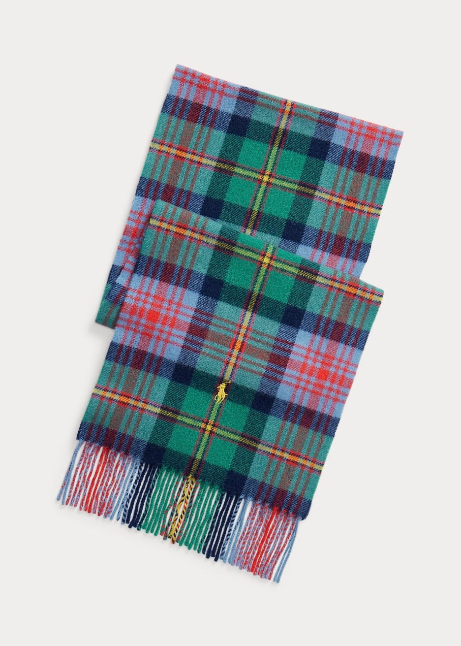 Plaid Fringe Wool Scarf Ancient Blue