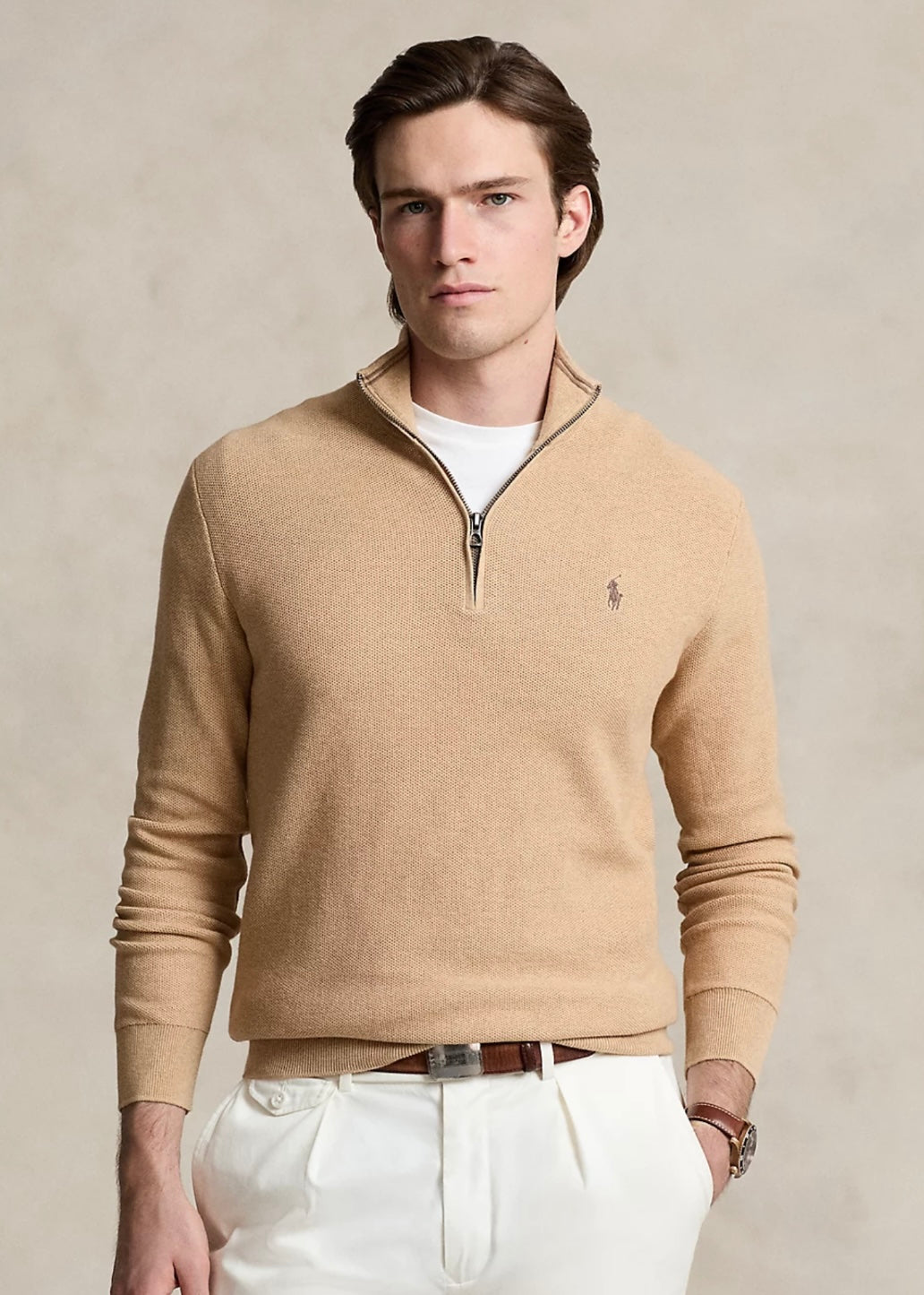 Mesh Knit Quarter Zip Camel Melange