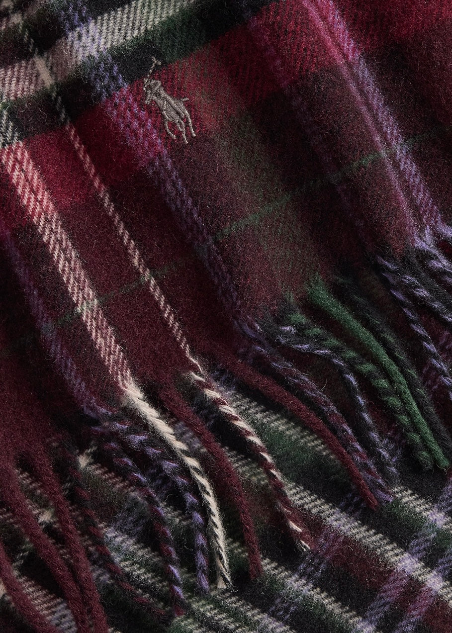Plaid Fringe Wool scarf Wine Multi