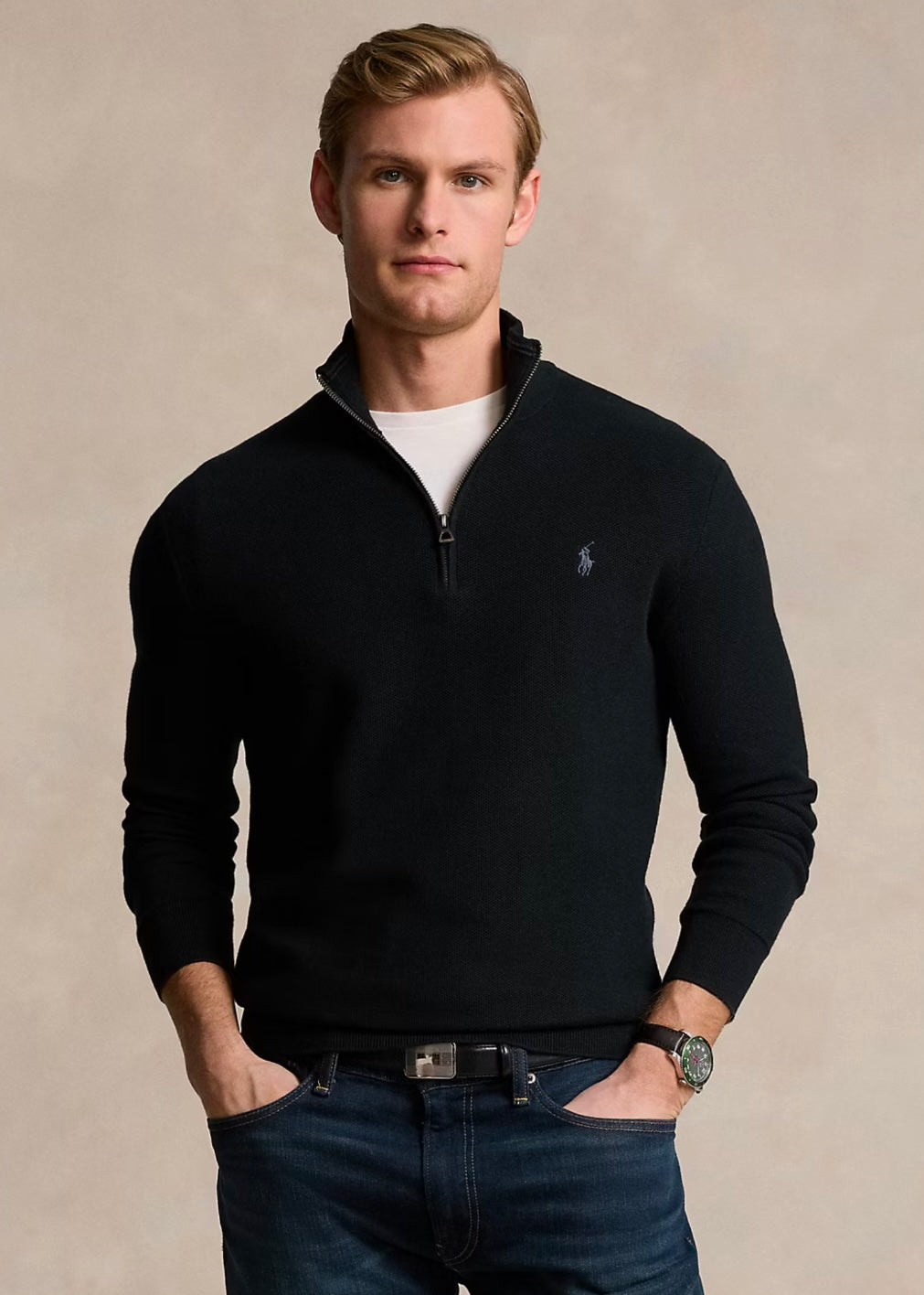 Mesh Knit Quarter Zip Black