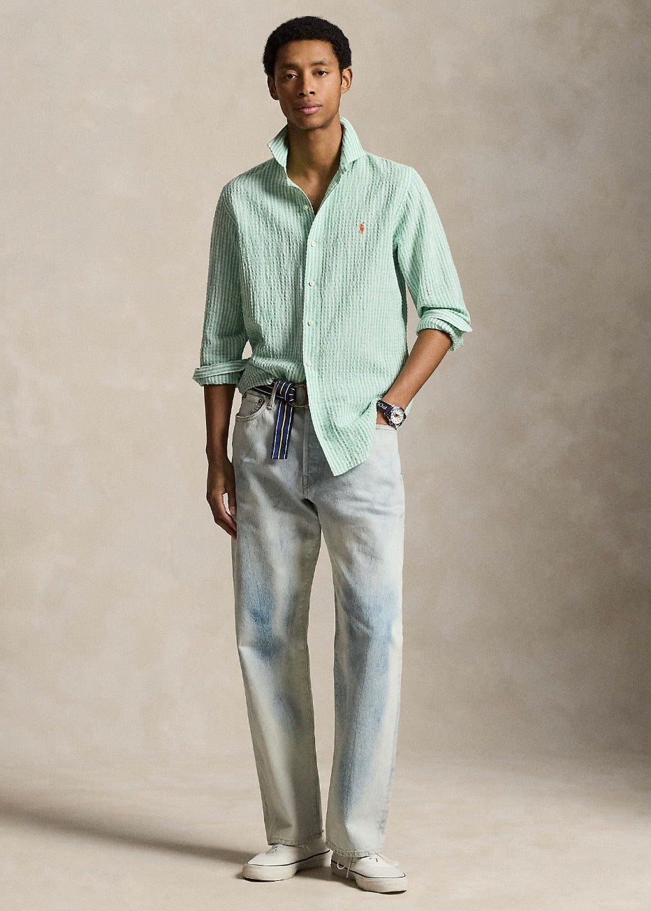 Custom Fit Striped Seersucker Shirt Green