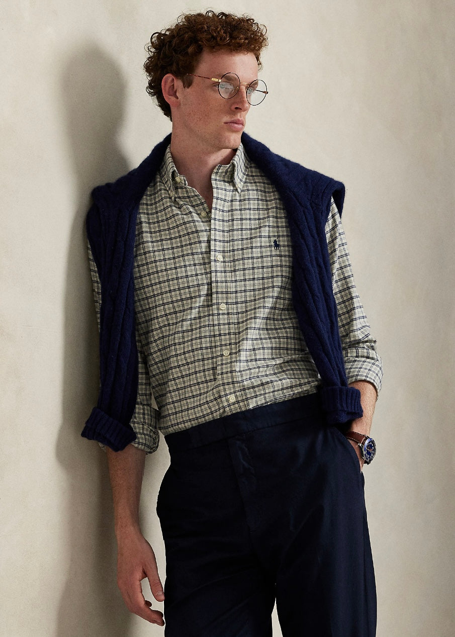 Custom Fit Plaid Twill shirt White Grey