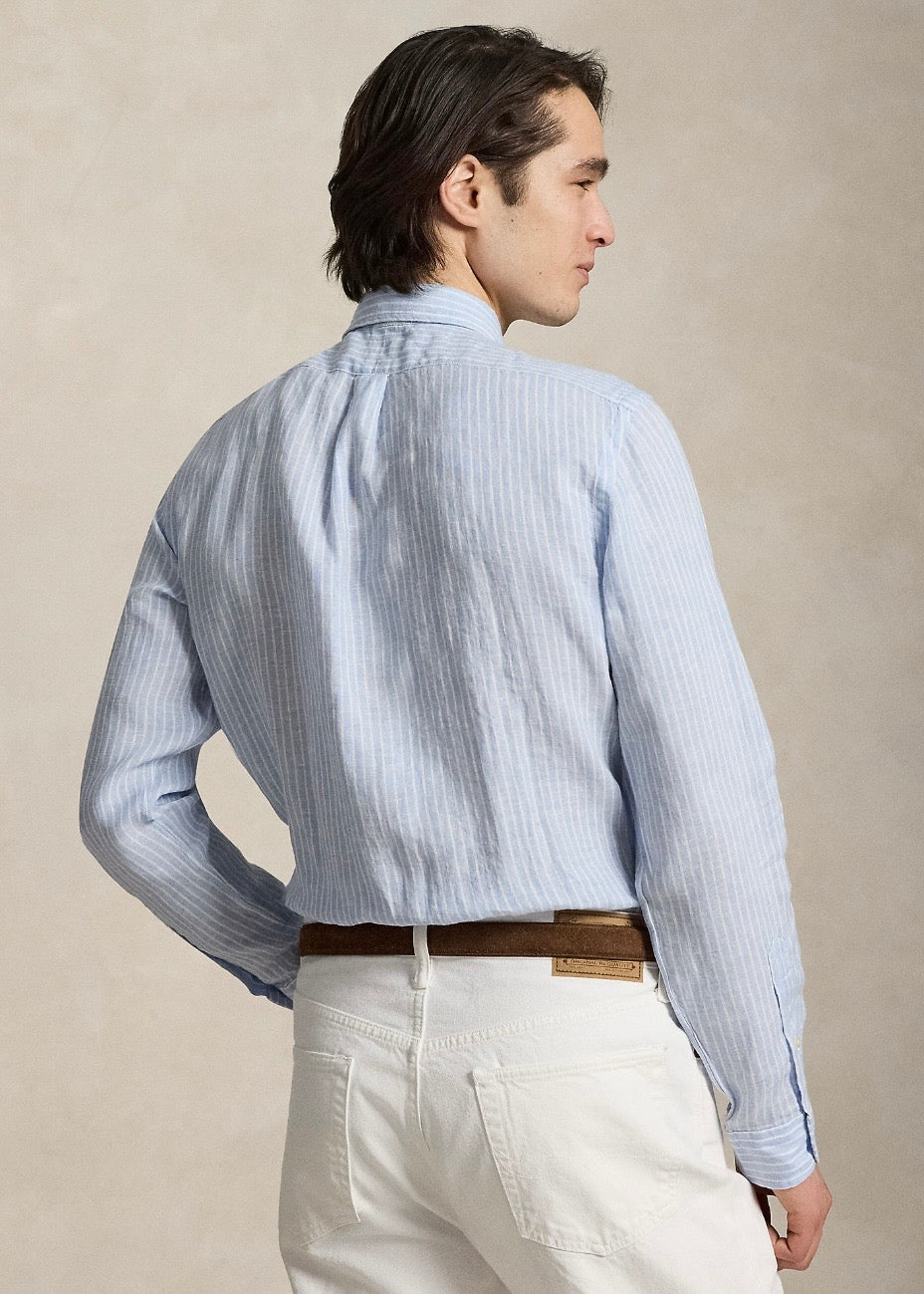 Custom Fit Striped Linen Shirt Blue