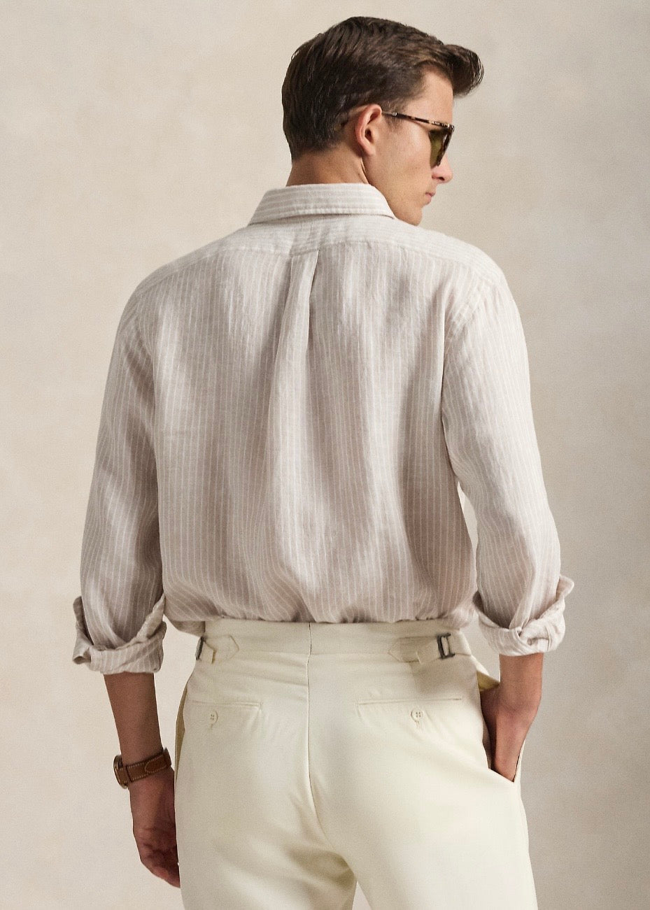 Custom Fit Striped Linen Shirt Coastal Beige