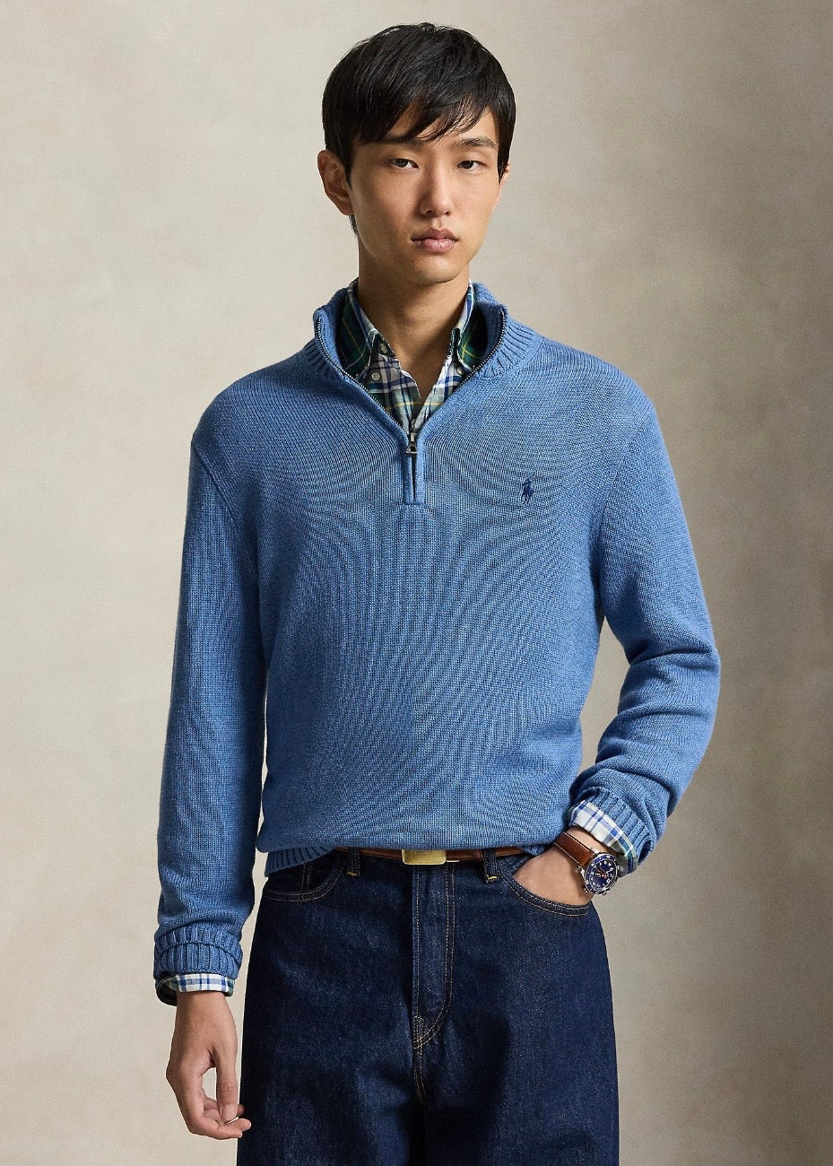 Cotton Quarter Zip Blue Borage
