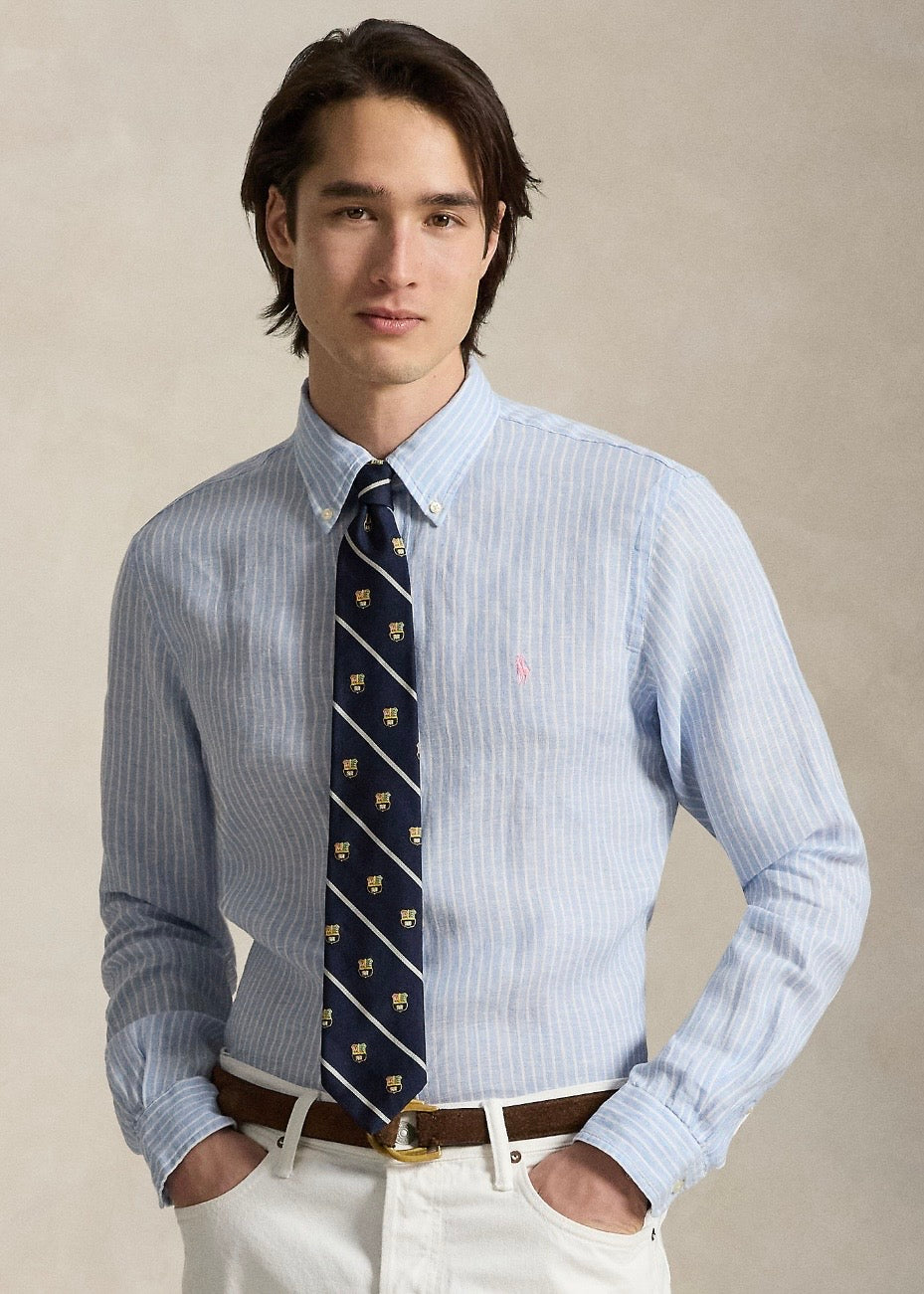 Custom Fit Striped Linen Shirt Blue