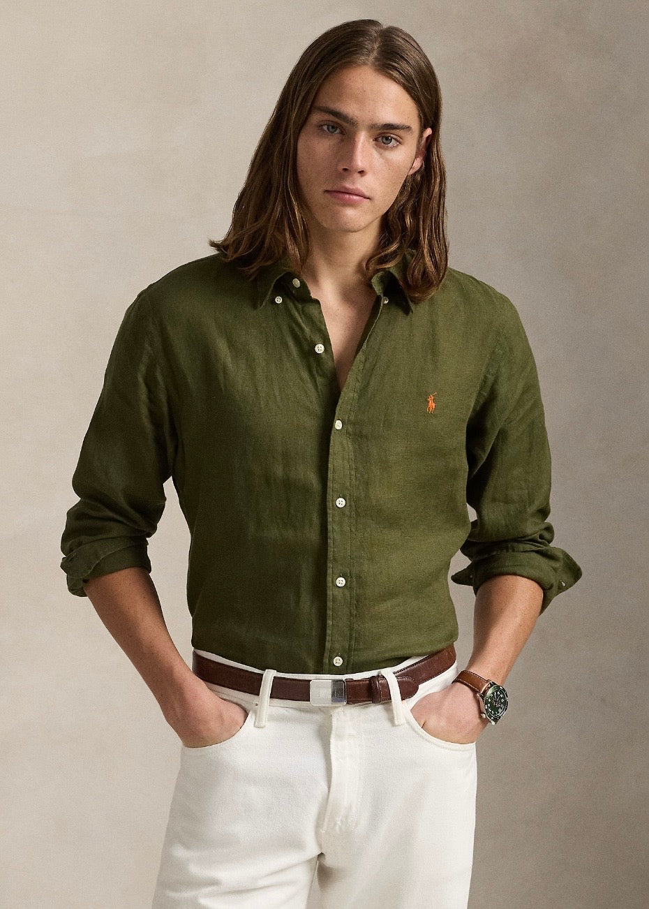 Custom Fit Linen Shirt New Olive