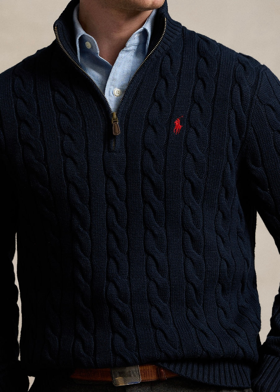Cable Knit Cotton Quarter Zip Hunter Navy