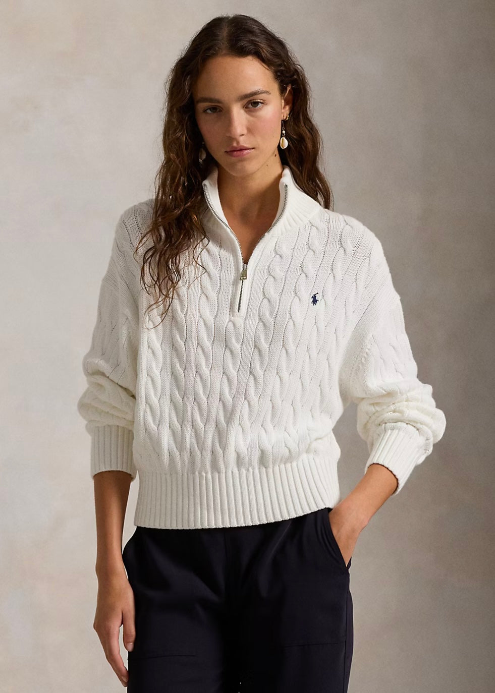 Cable Knit Cotton Quarter Zip White