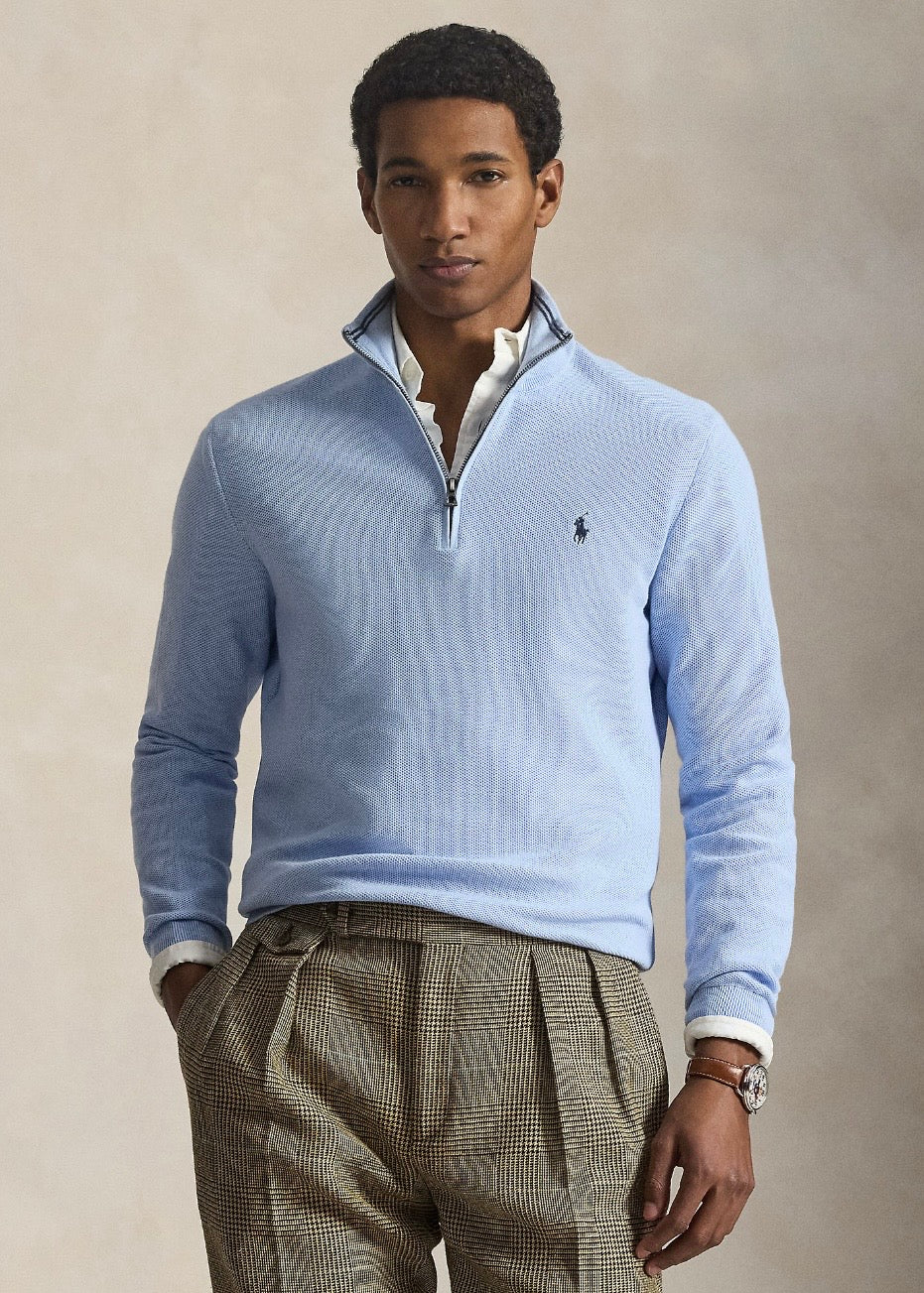 Mesh Knit Quarter Zip Office Blue