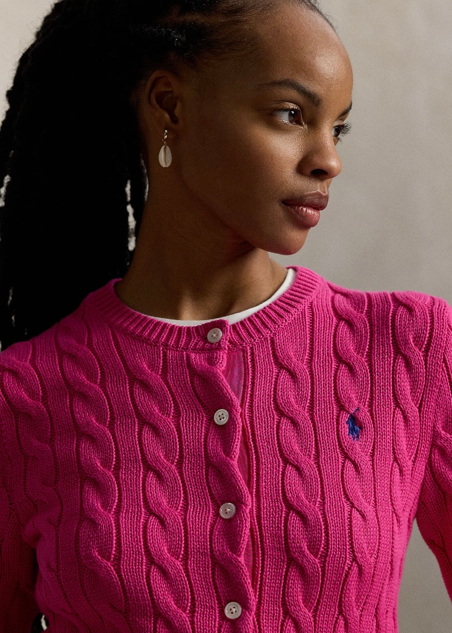 Cable Knit Cotton Cardigan Accent Pink
