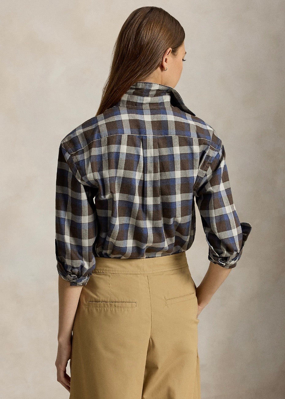 Relaxed Fit Plaid Cotton Twill Shirt Brown