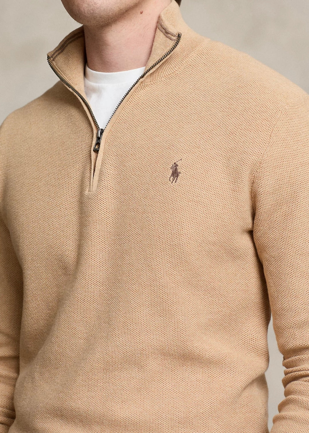 Mesh Knit Quarter Zip Camel Melange