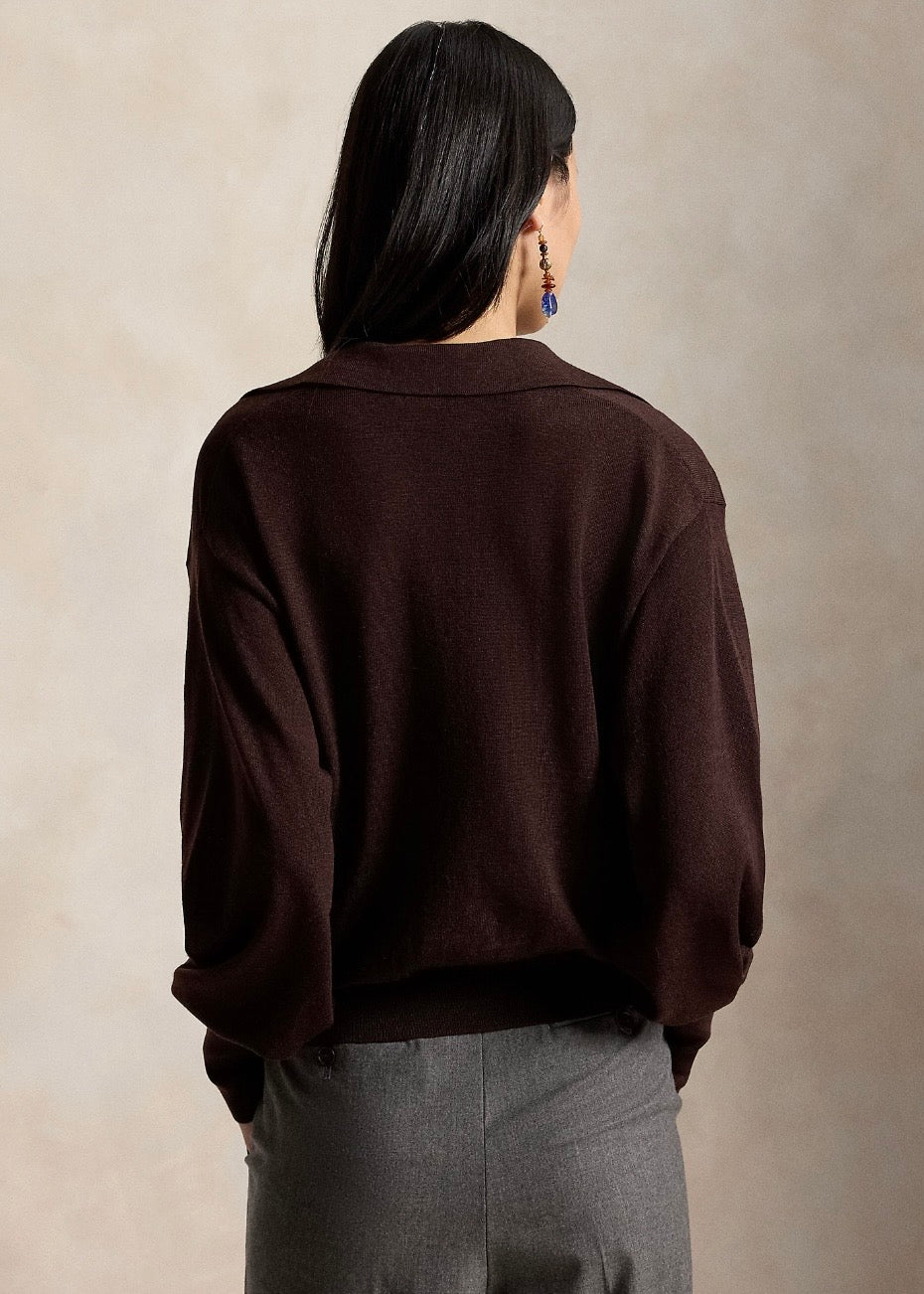 Polo Collar Wool Cardigan Deep Chocolate
