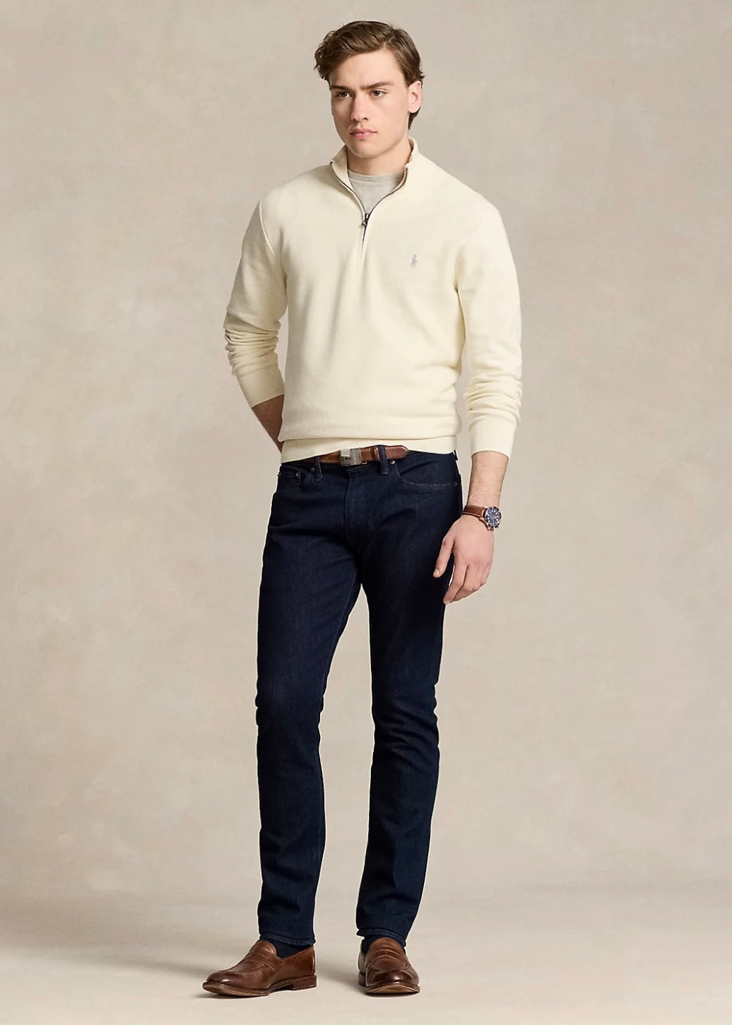 Mesh Knit Quarter Zip Herbal Milk