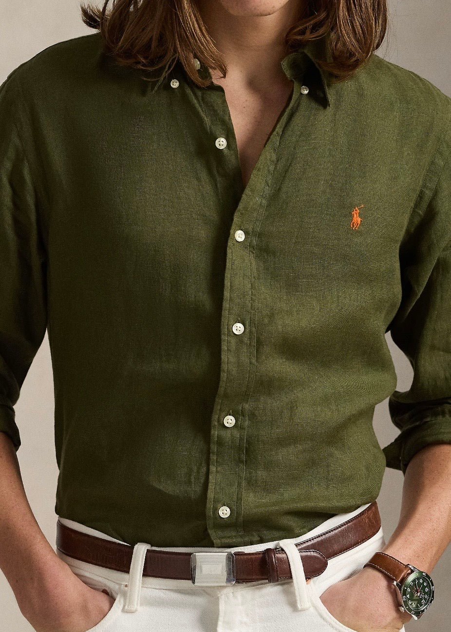Custom Fit Linen Shirt New Olive
