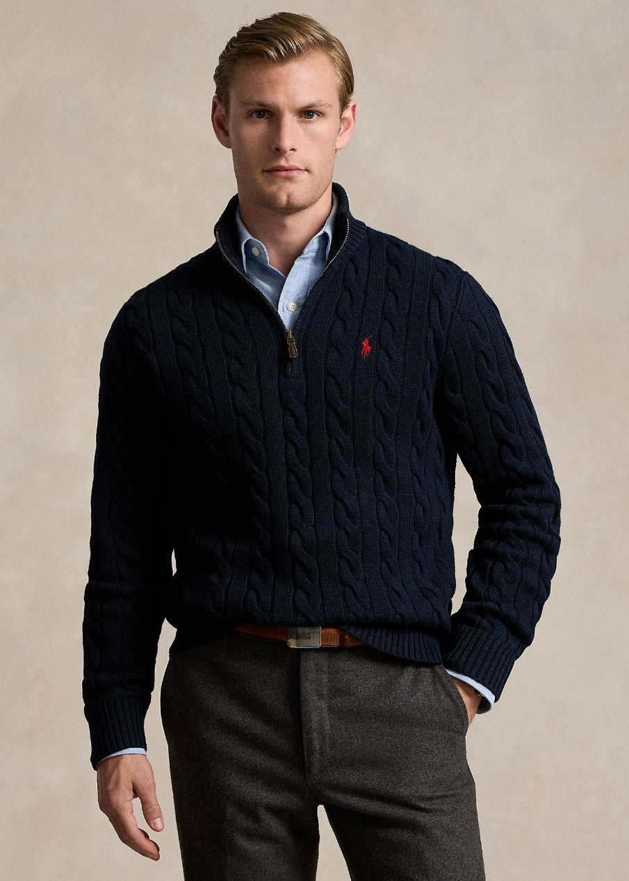 Cable Knit Cotton Quarter Zip Hunter Navy