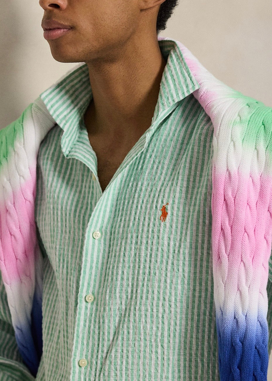 Custom Fit Striped Seersucker Shirt Green
