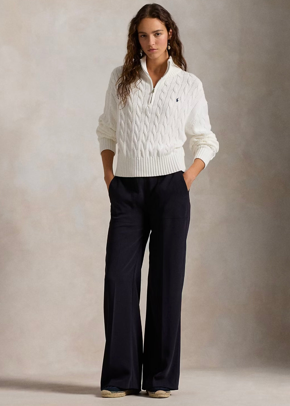 Cable Knit Cotton Quarter Zip White