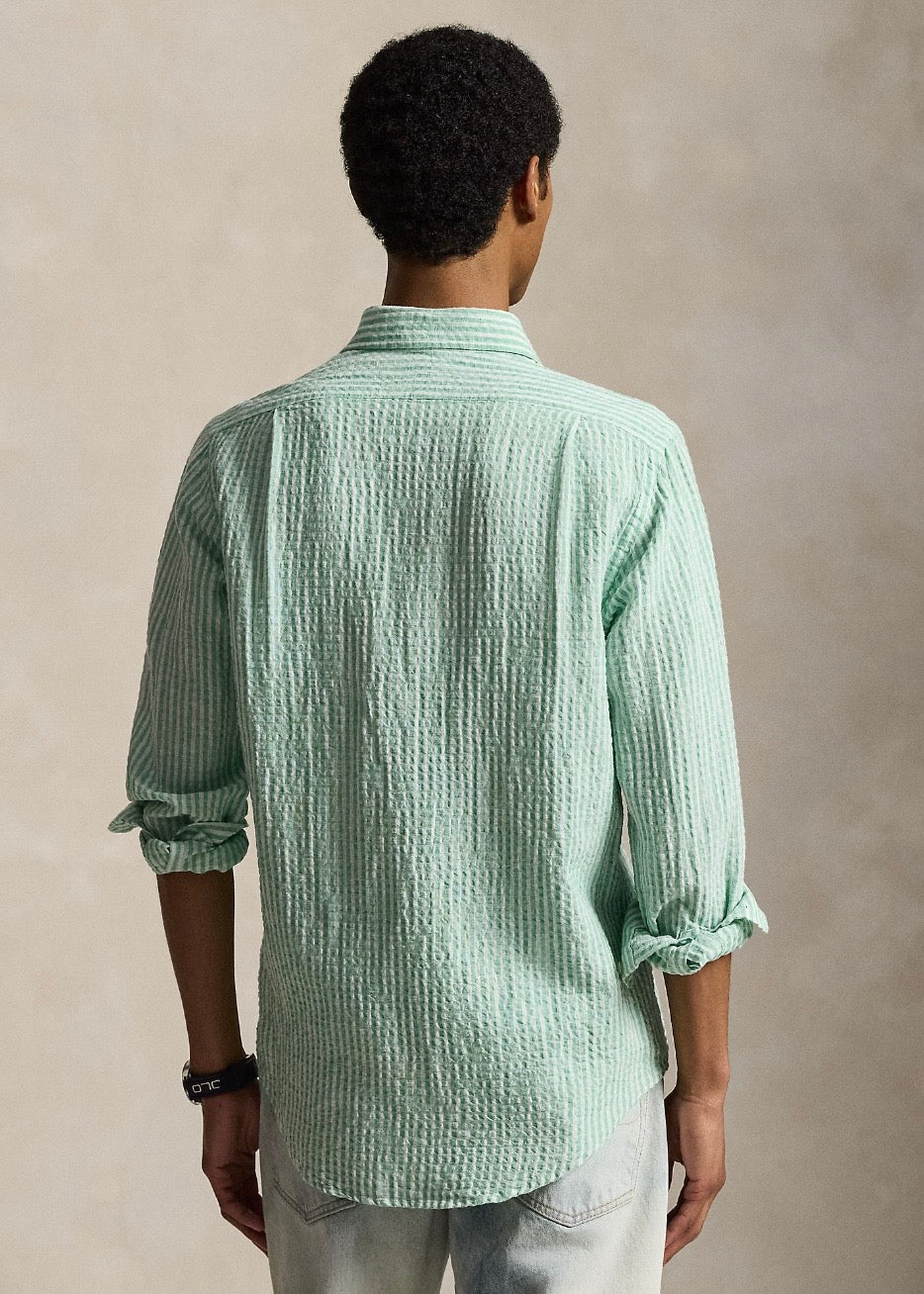 Custom Fit Striped Seersucker Shirt Green