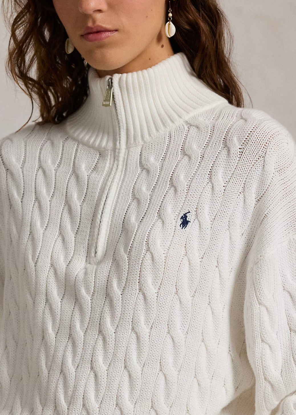 Cable Knit Cotton Quarter Zip White