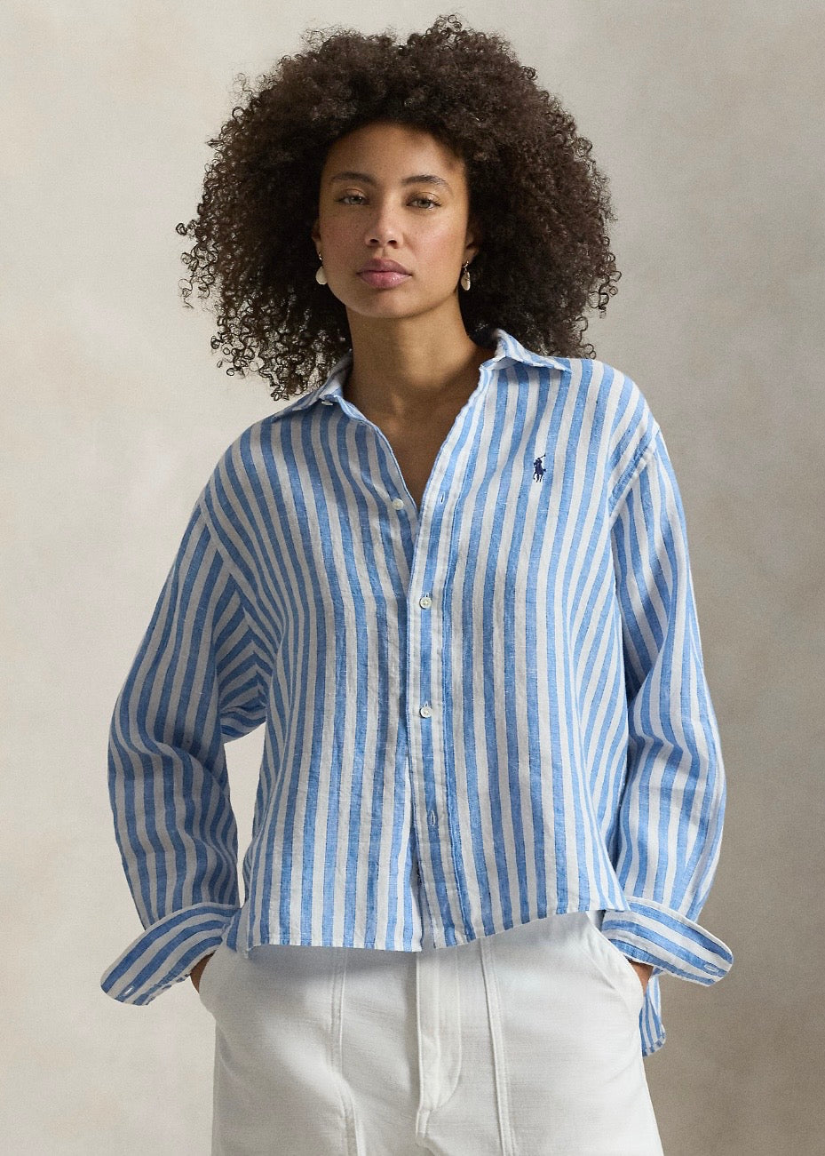 Wide Cropped Striped Linen Shirt Blue