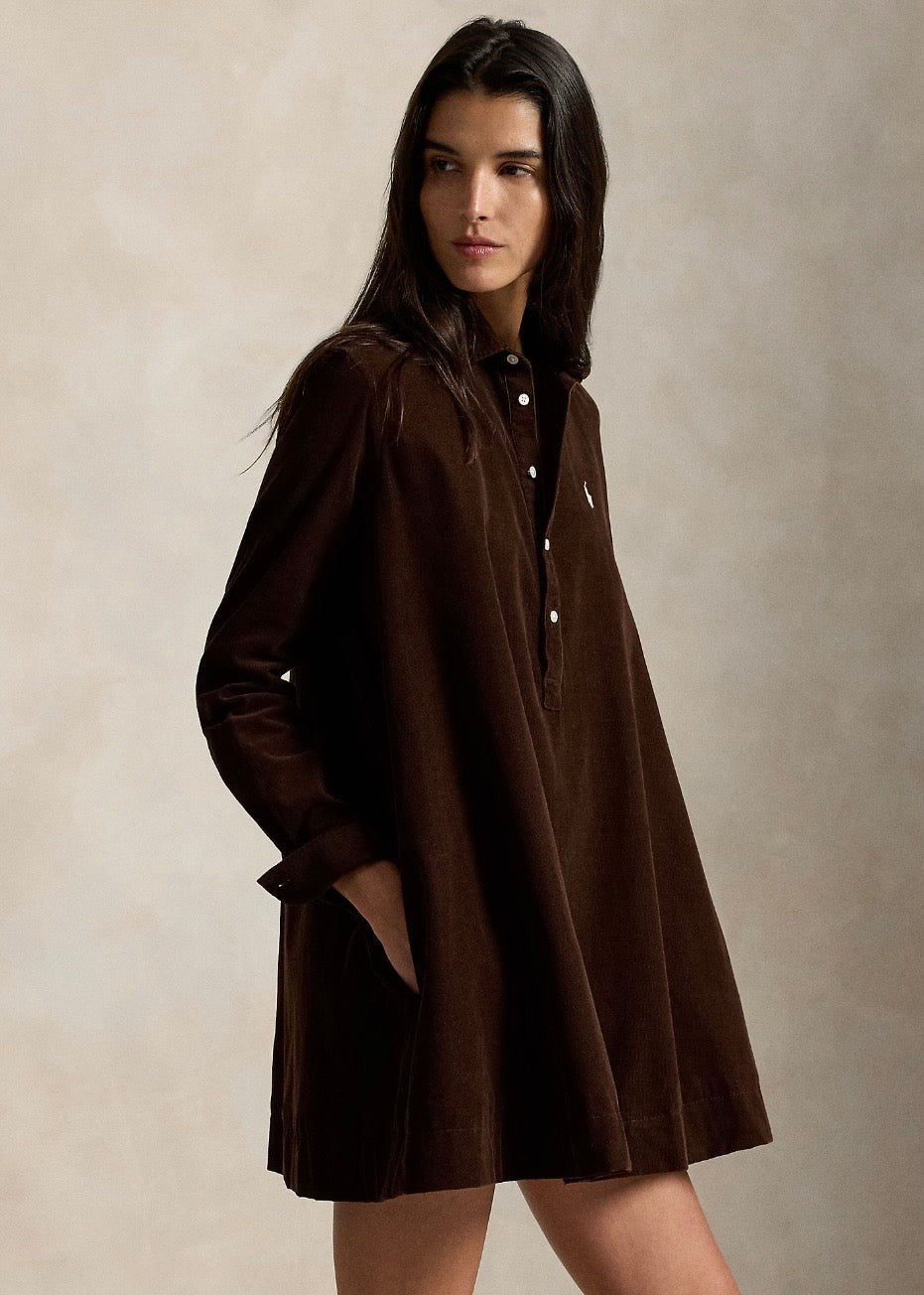 Corduroy Pleated Shirtdress Dark Brown