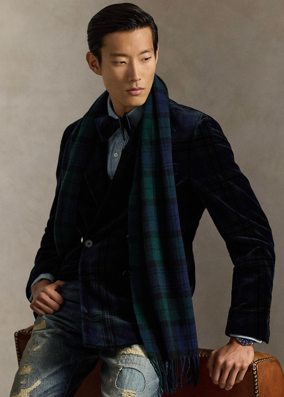 Plaid Fringe Wool Scarf Blackwatch