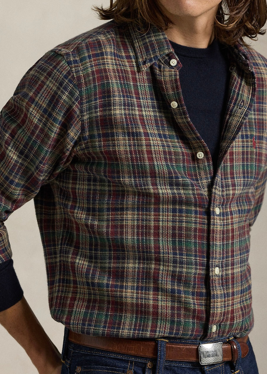 Plaid Brushed Flannel shirt Wine Khaki