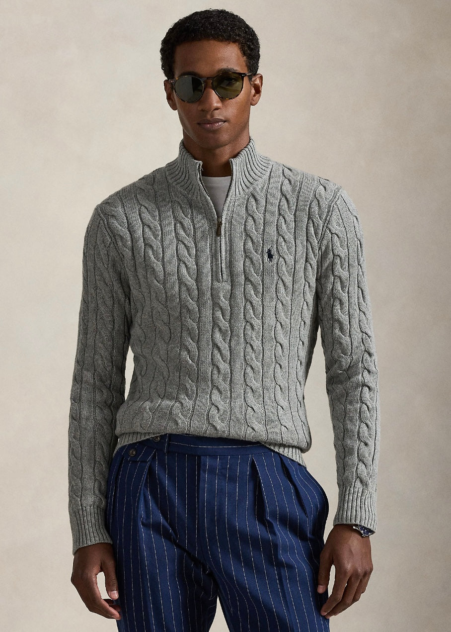 Cable Knit Cotton Quarter Zip Fawn Grey