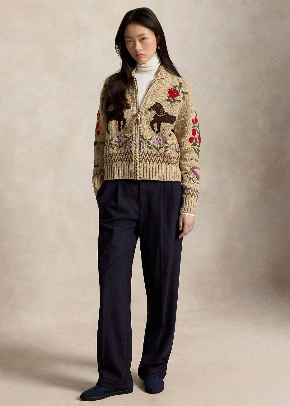 Intarsa Knit Shawl Cardigan Tan Multi
