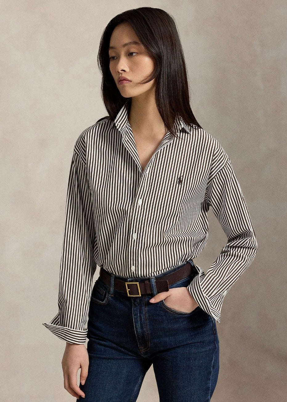 Relaxed Fit Striped Cotton Shirt Dark Brown